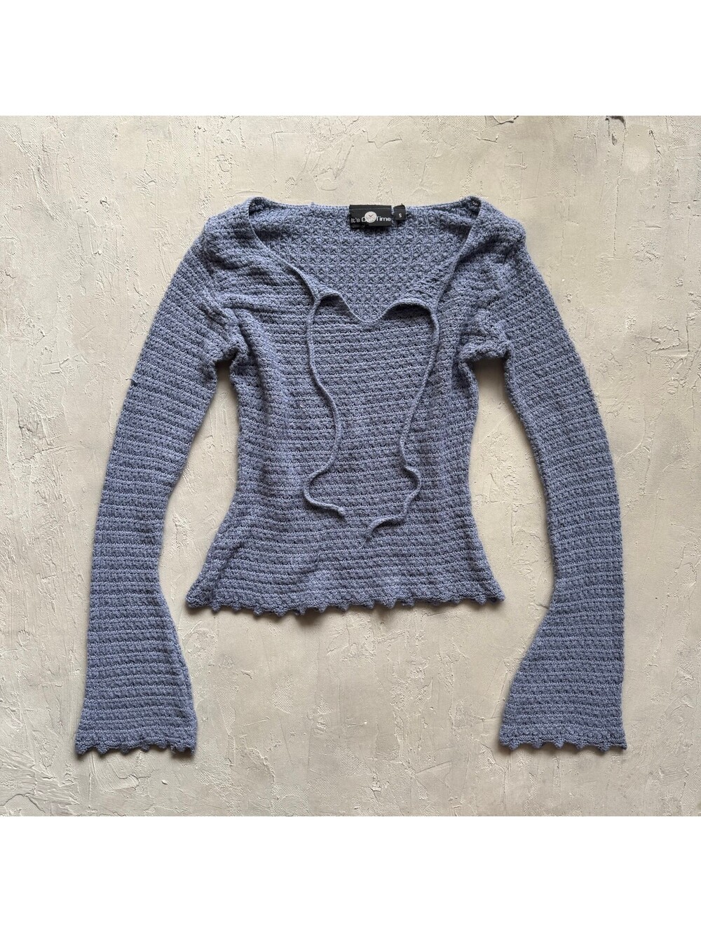 Vintage Its Our Time Blue Crochet Knit Bell Sleeve Tie Front Top S